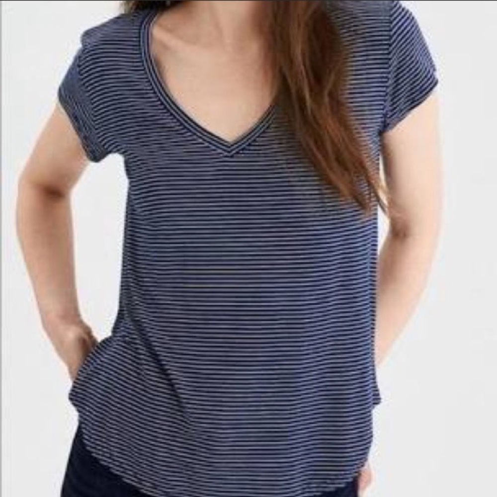 SOLD American Eagle Navy and White Striped V-Neck
